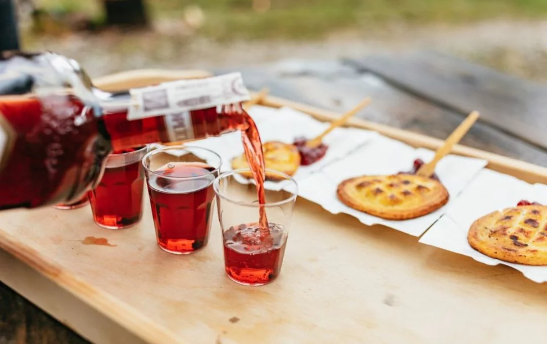 Traditional highland vodka tasting with grilled oscypek cheese on wooden tray