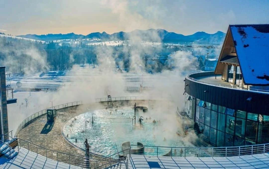 Chochołów Thermal Baths steaming outdoor pool in winter